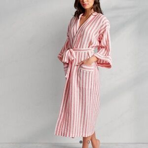 Kassatex Holbox Linen Robe with Belt 3/4 Sleeve Striped Red & White Size S/M